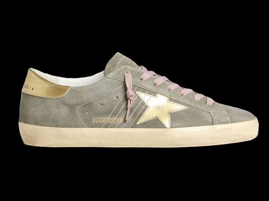 Super-Star gray suede with gold metallic leather star heel tab