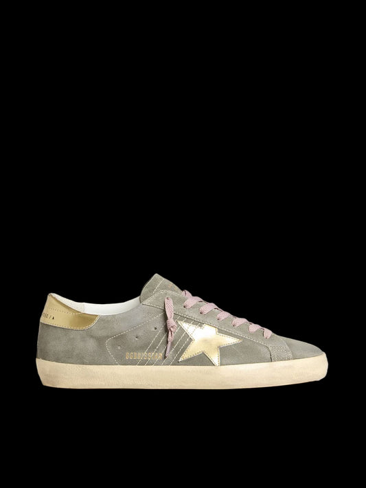 Super-Star gray suede with gold metallic leather star heel tab