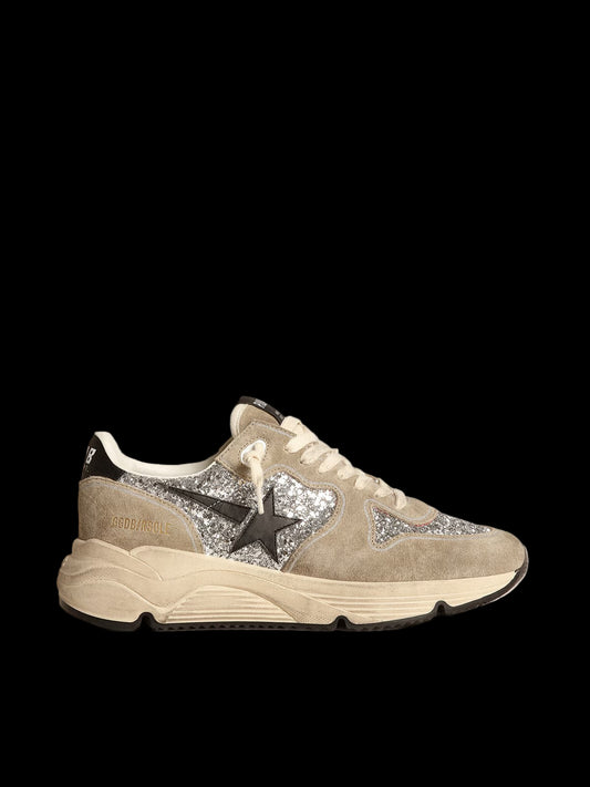 Running Sole silver glitter and dove gray suede