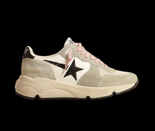 Running Sole with gray suede inserts black glitter star