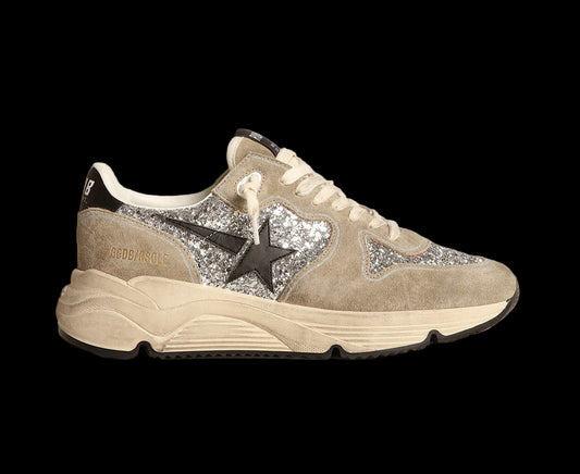 Running Sole silver glitter and dove gray suede