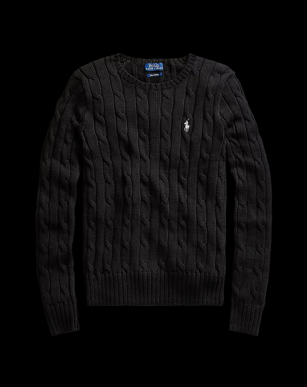 Women Polo Ralph Lauren Cable-Knit Cotton Crewneck Sweater Polo Black White PP.