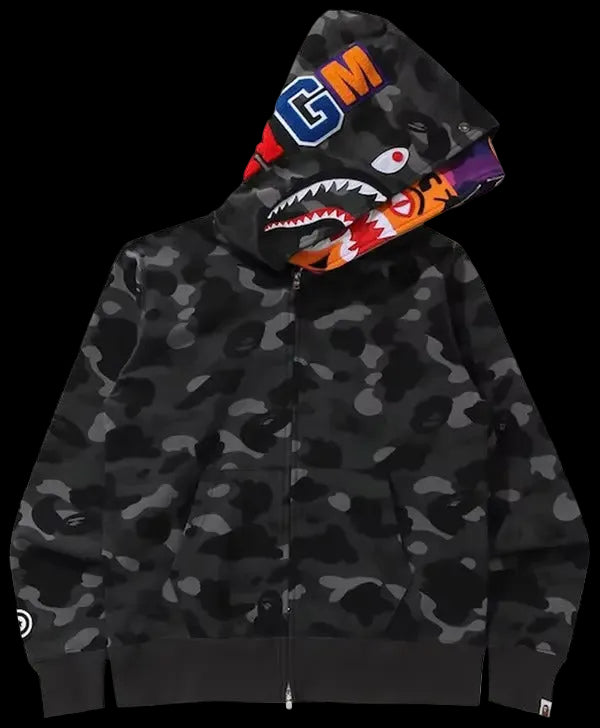 A BATHING APE® Color Camo Tiger Shark Wide Full Zip Double Hoodie Black