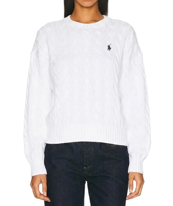 Women Polo Ralph Lauren Cable-Knit Cotton Crewneck Sweater White