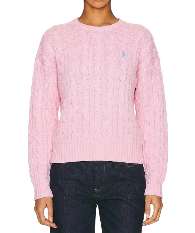 Women Polo Ralph Lauren Cable-Knit Cotton Crewneck Sweater Carmel Pink