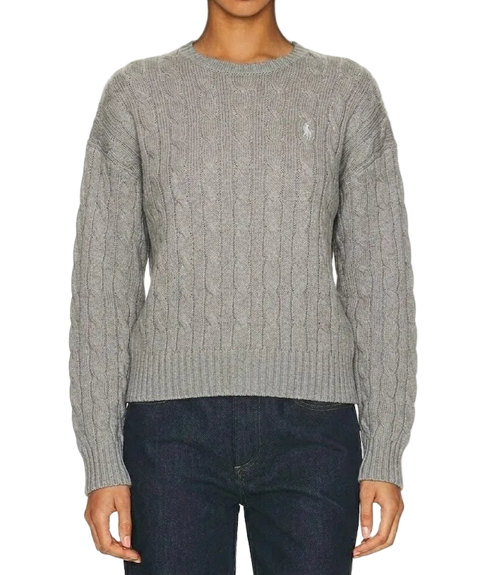 Women Polo Ralph Lauren Cable-Knit Cotton Crewneck Sweater Fawn Grey Heather