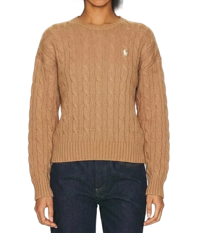 Women Polo Ralph Lauren Cable-Knit Cotton Crewneck Sweater Collection Camel Melange