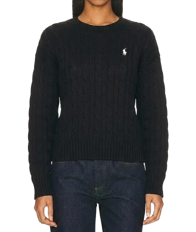 Women Polo Ralph Lauren Cable-Knit Cotton Crewneck Sweater Polo Black White PP