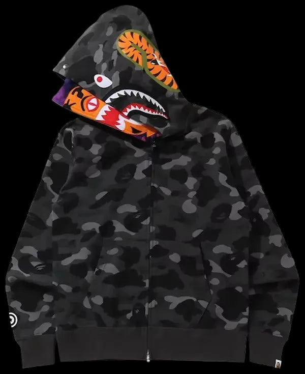 A BATHING APE® Color Camo Tiger Shark Wide Full Zip Double Hoodie Black