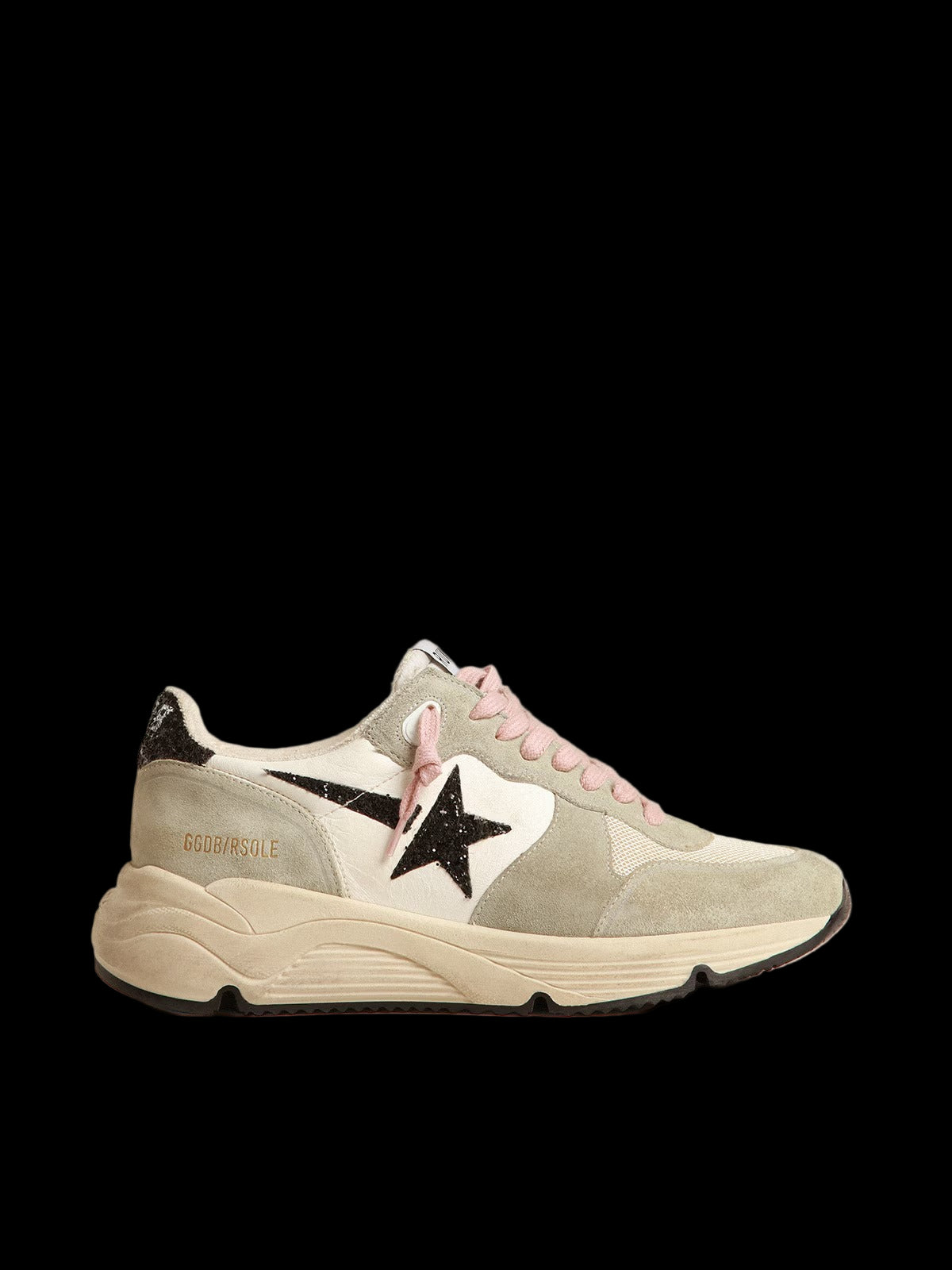 Running Sole with gray suede inserts black glitter star